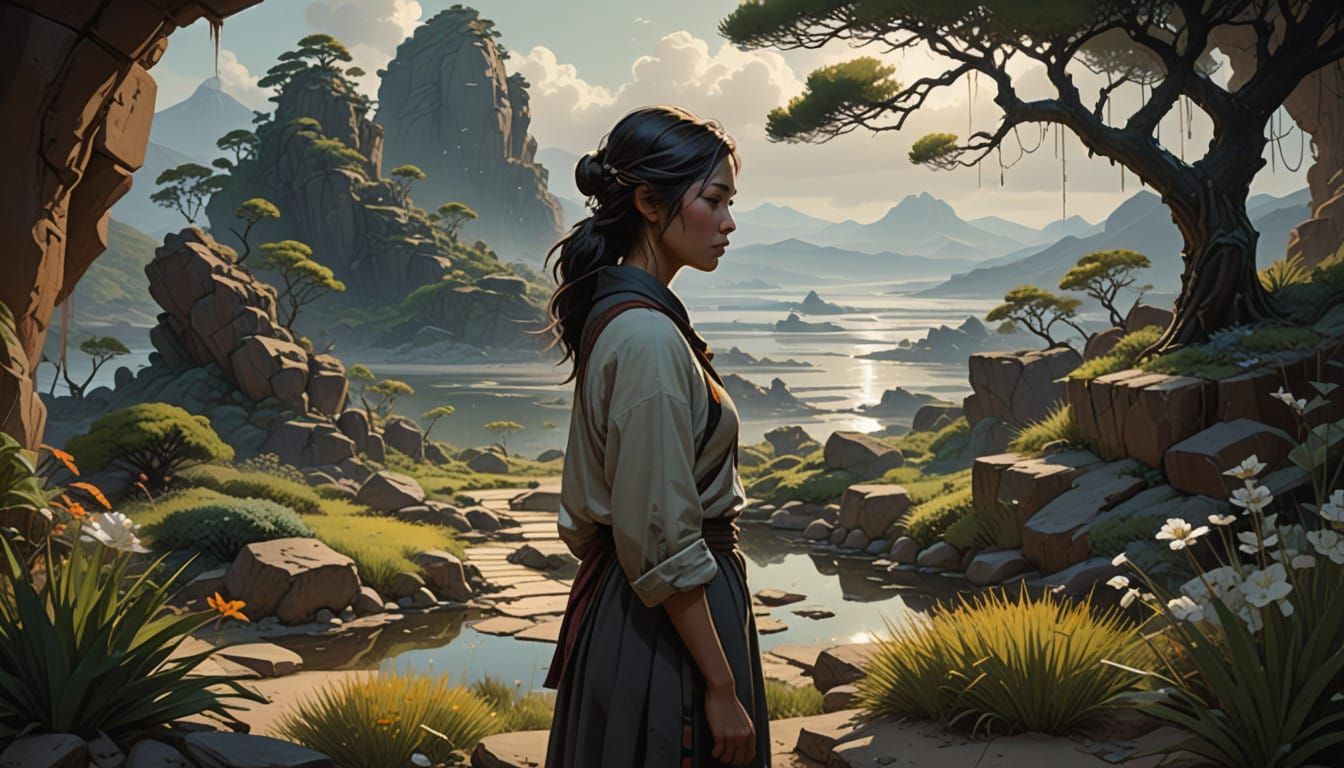 Serene Woman in Hyperrealistic Zen Garden