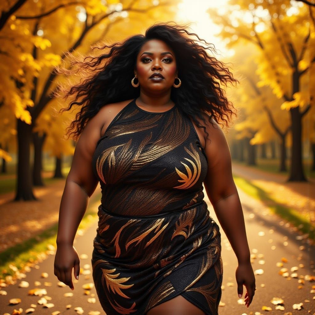 Elegant Woman Strolls Through Vibrant Autumn Leaves