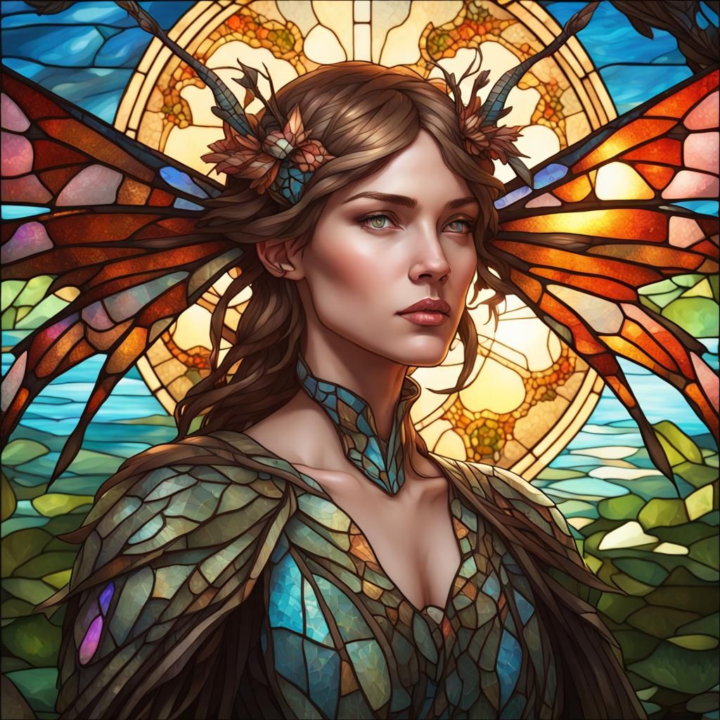 Dragonfly Stained Glass Mosaic Portrait in Hyperdetailed Sty...