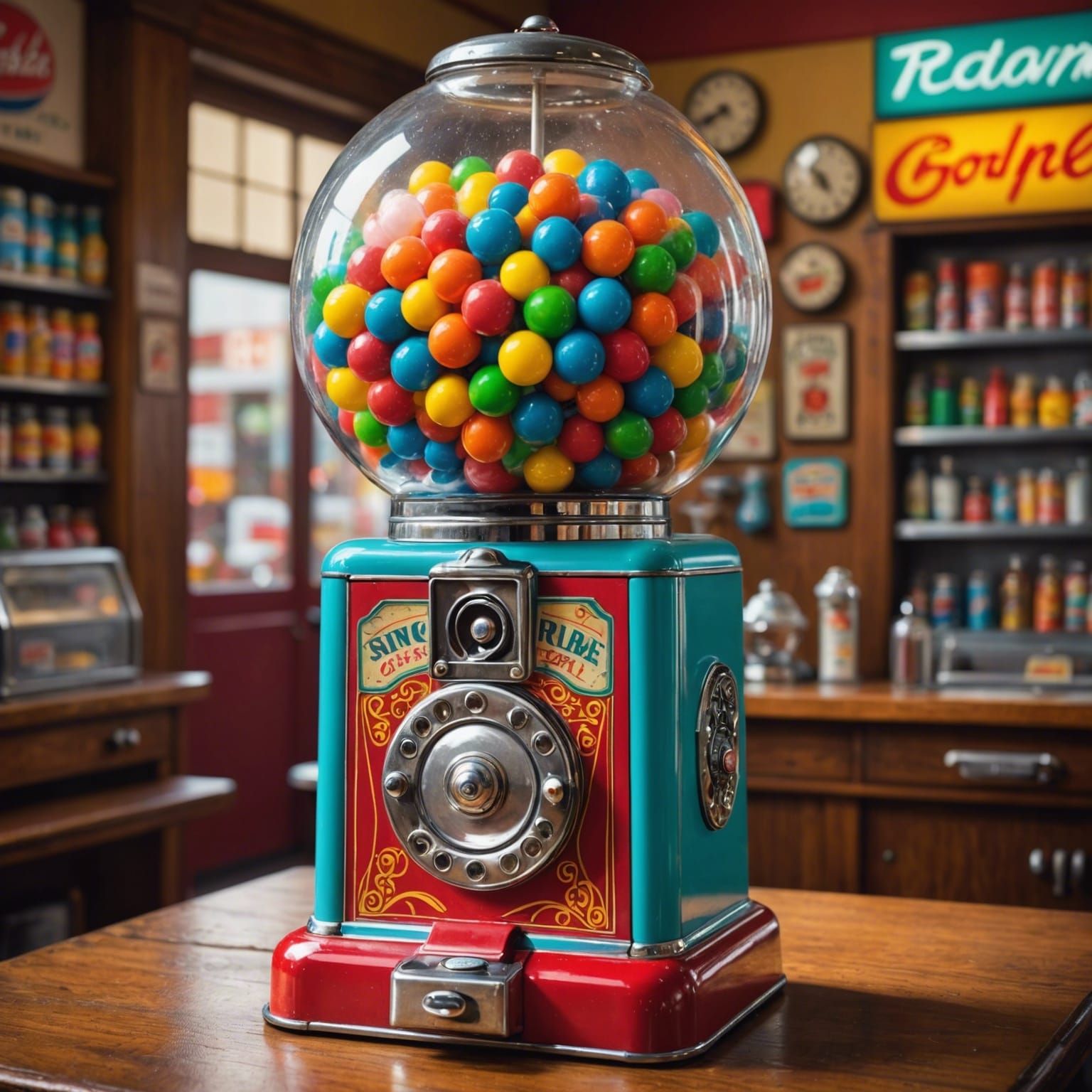 An old fashioned gumball machine in a 1950s drugstore