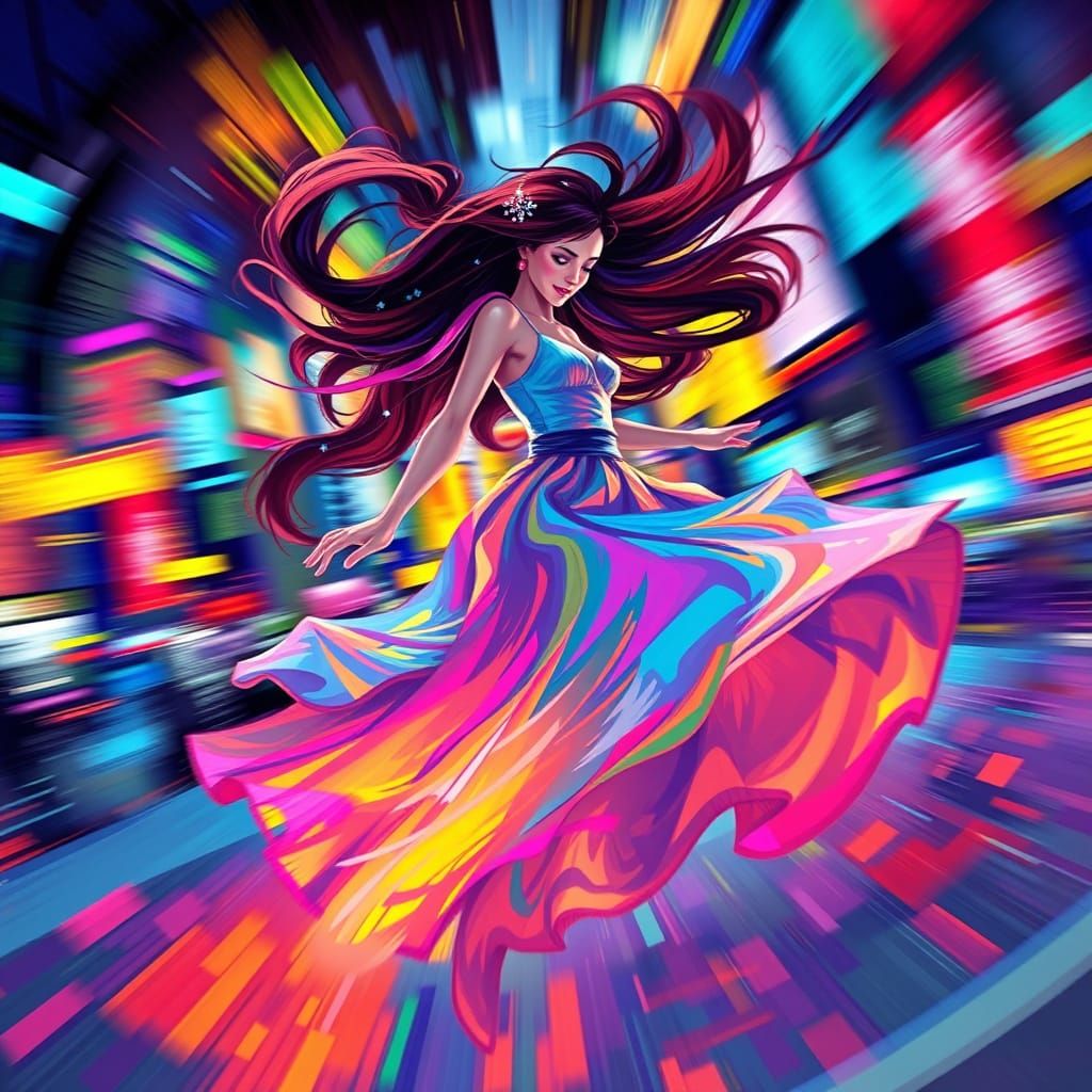 Vibrant Joyful Spinning Woman in Whirling Colors