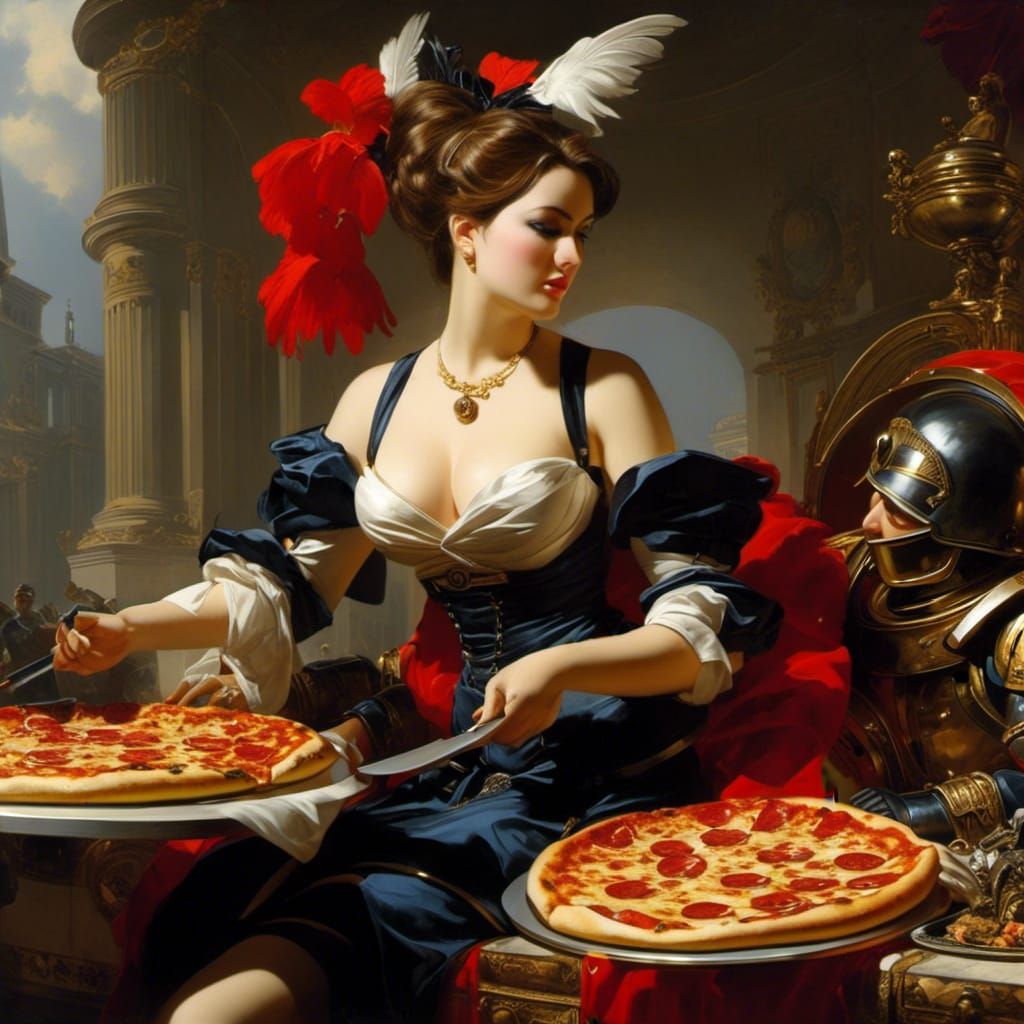 Woman Eating Pizza in Biedermeier Military Portrait
