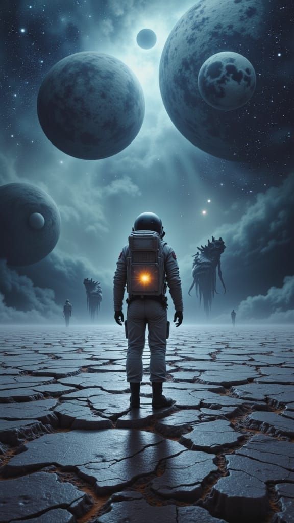 Astronaut Gazing at Decaying Moons on Alien Planet