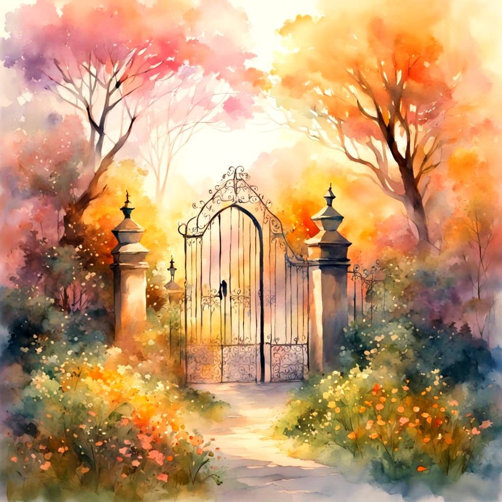 Whimsical Watercolor Fantasy Scene with Lush Garden and Towe...