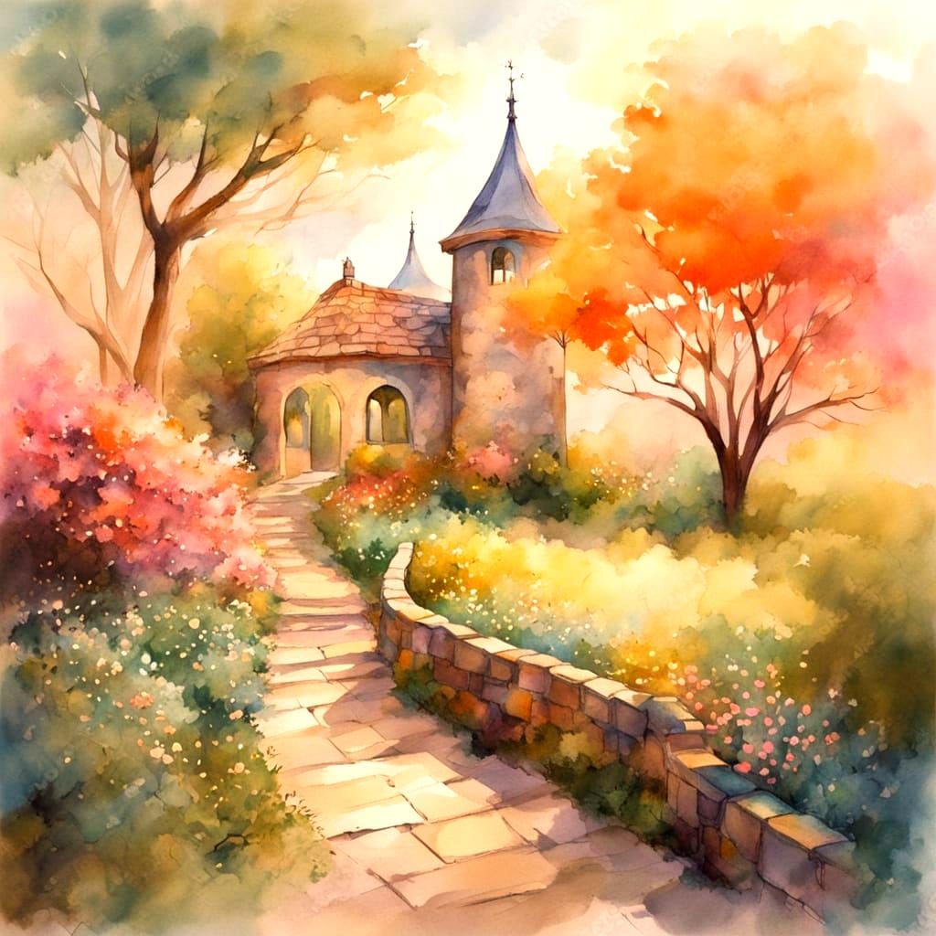 Dreamy Watercolor Landscape with Enchanted Tower