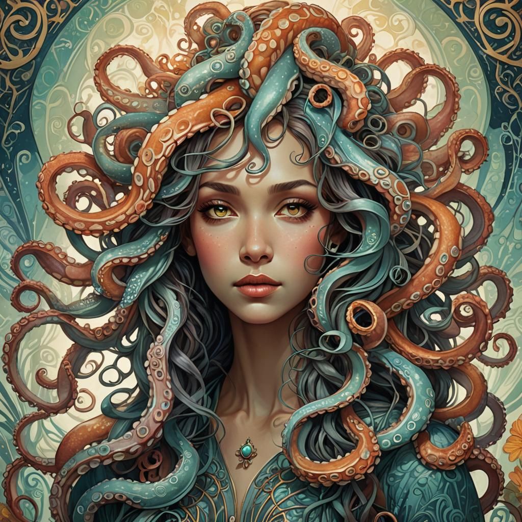 Octopus Portrait in Art Nouveau Style