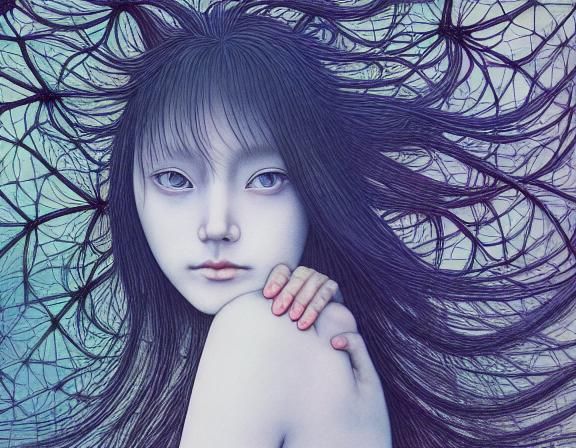 Dragonfly-Human Hybrid in Mycelium Network, Etching Style