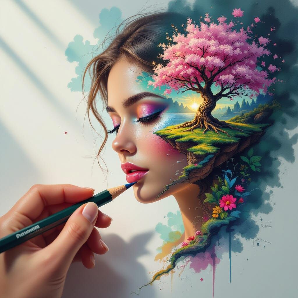 Pencil Transforms into Drawing Hand and Tree