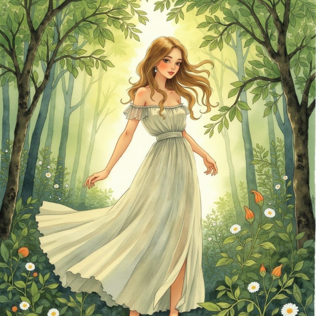 Ethereal Pre-Raphaelite Muse in Whimsical Watercolor Wonderl...