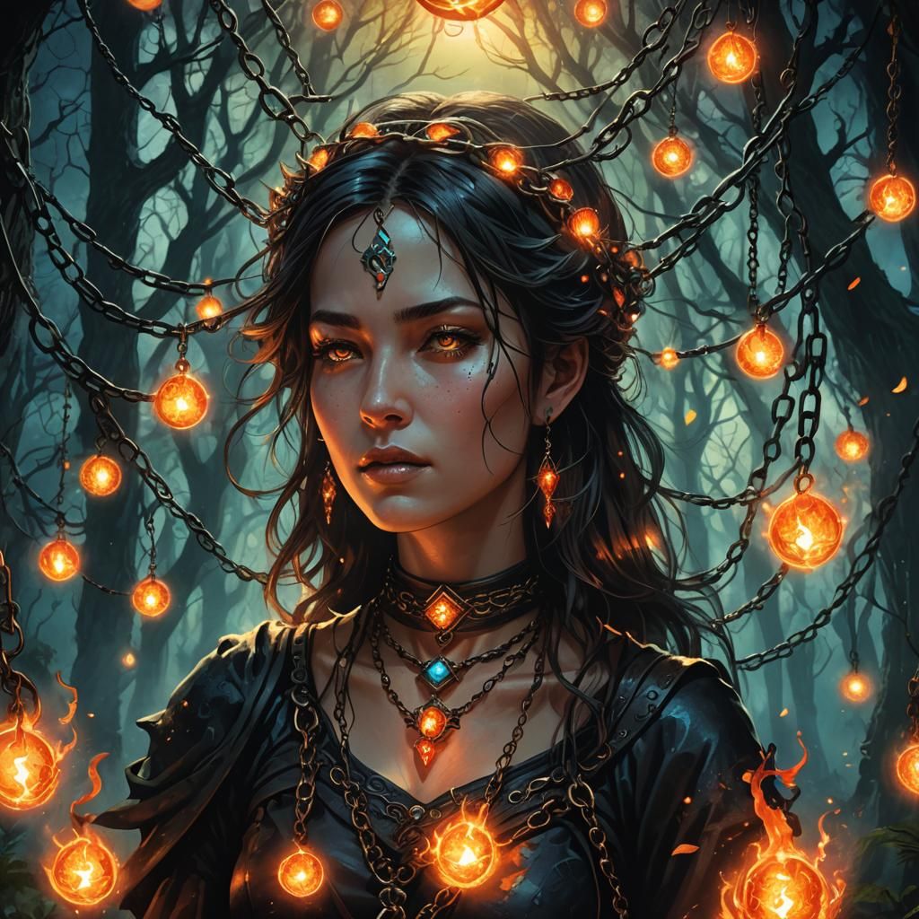 Mystical Woman in Forest with Fireball Necklace