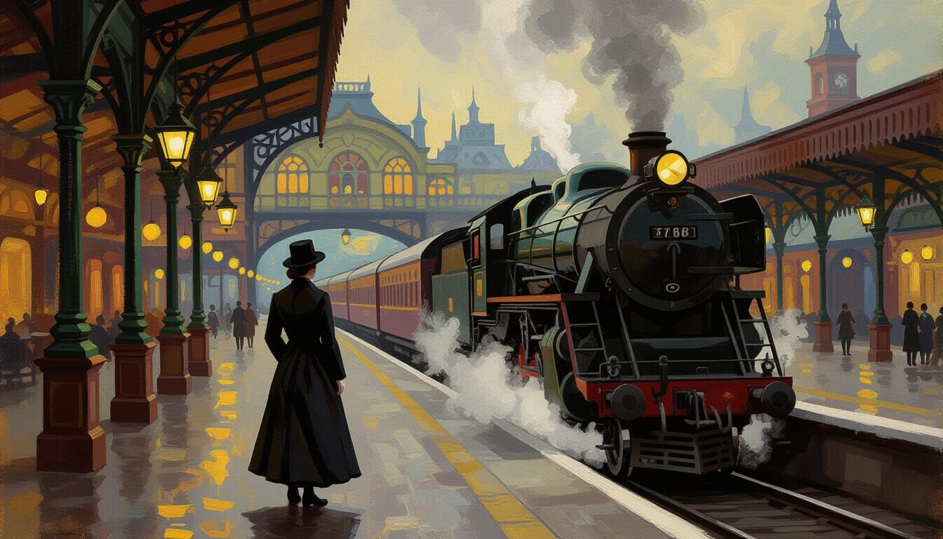 Victorian Traveler Watches Departing Train as Oil Painting