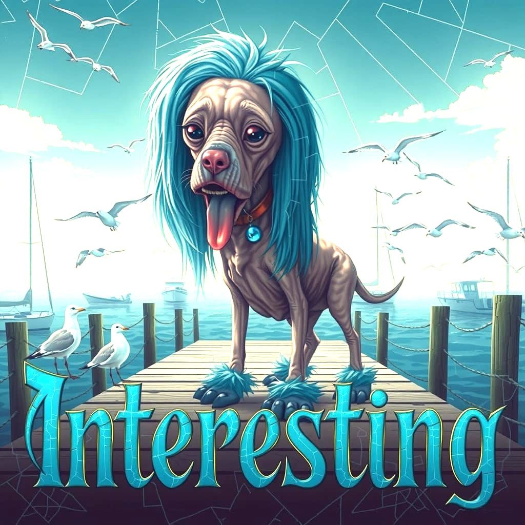 A scrawny, wrinkled, hairless beige dog with a long thin snout, and a tongue hanging out stands on a weathered wooden do...