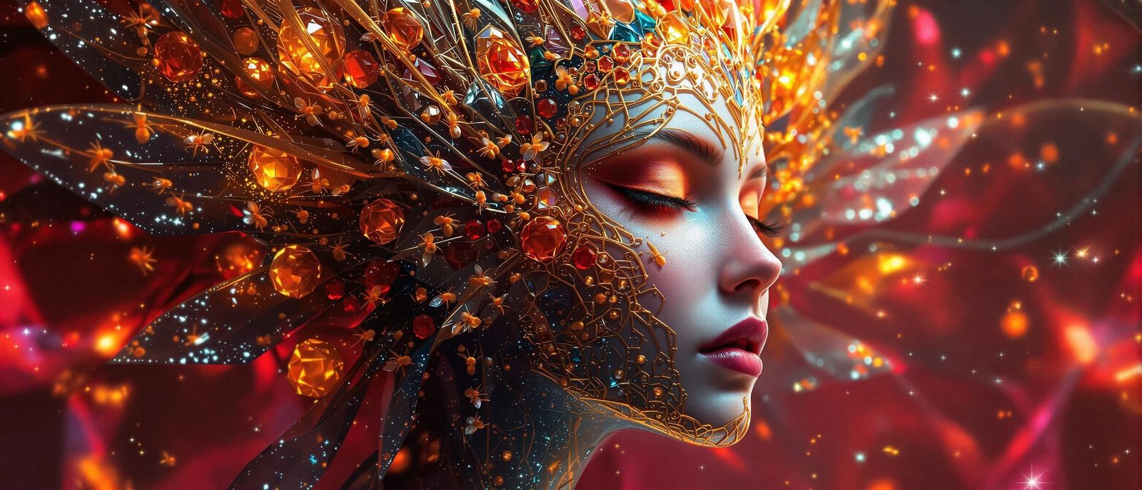 Hyperrealistic Goddess of Bees Portrait in Ruby Hues