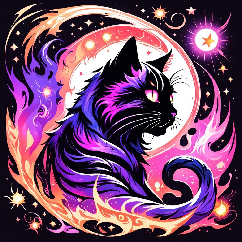 Celestial Fire Cat in Pink, Purple and Black