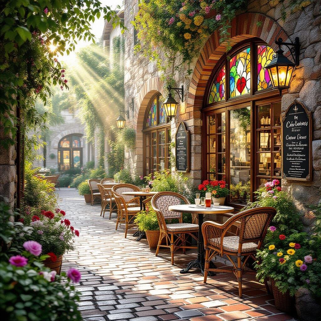 Sunlit European Coffee Shop with Wildflowers