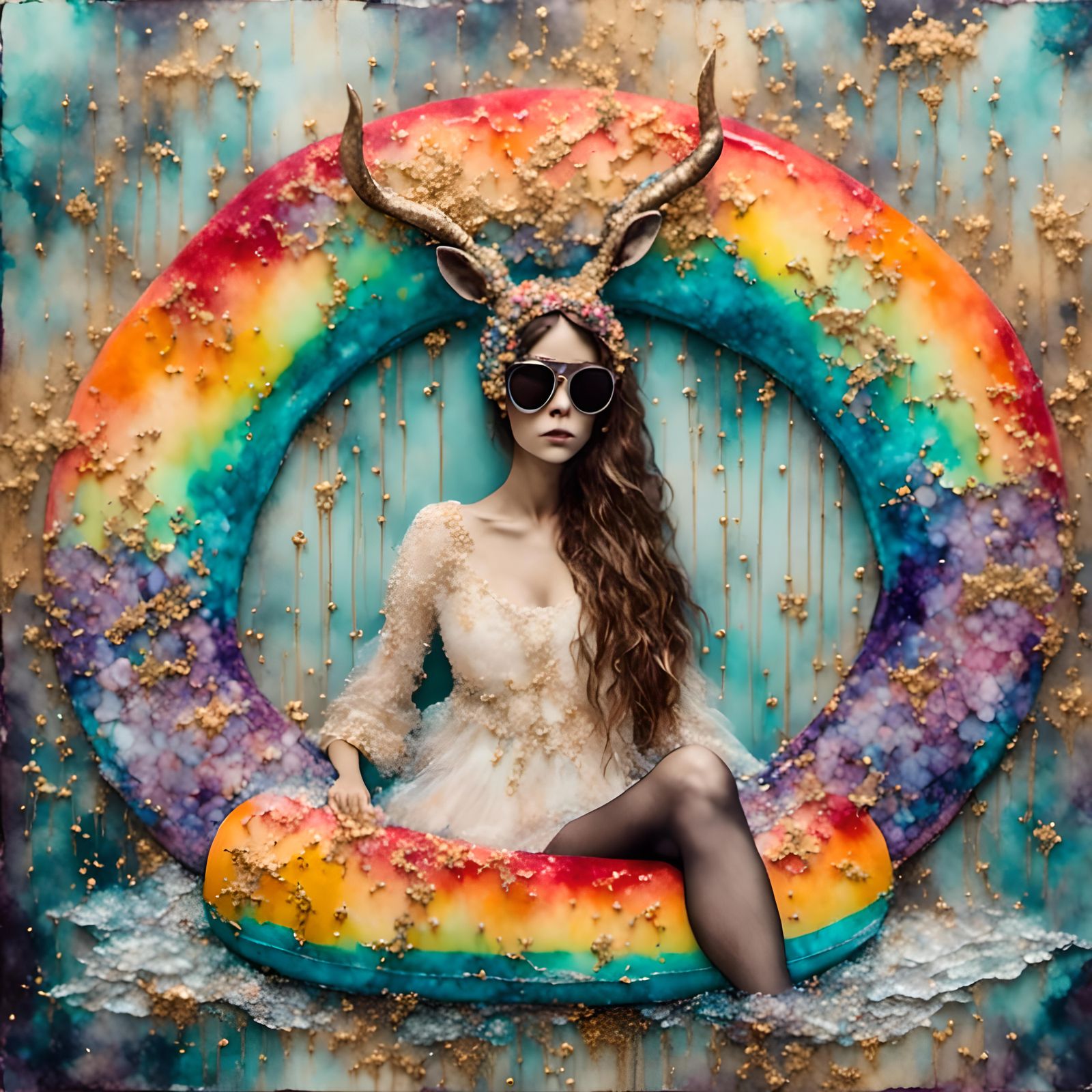 Oryx on Donut Float: Whimsical Mixed Media Collage