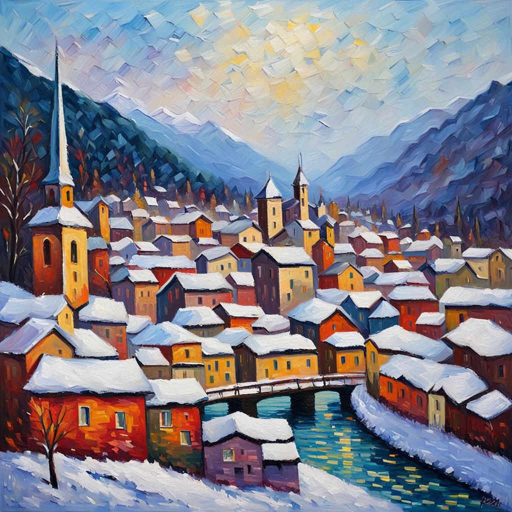 Snowy Geneva in Expressionist Oil Painting Style