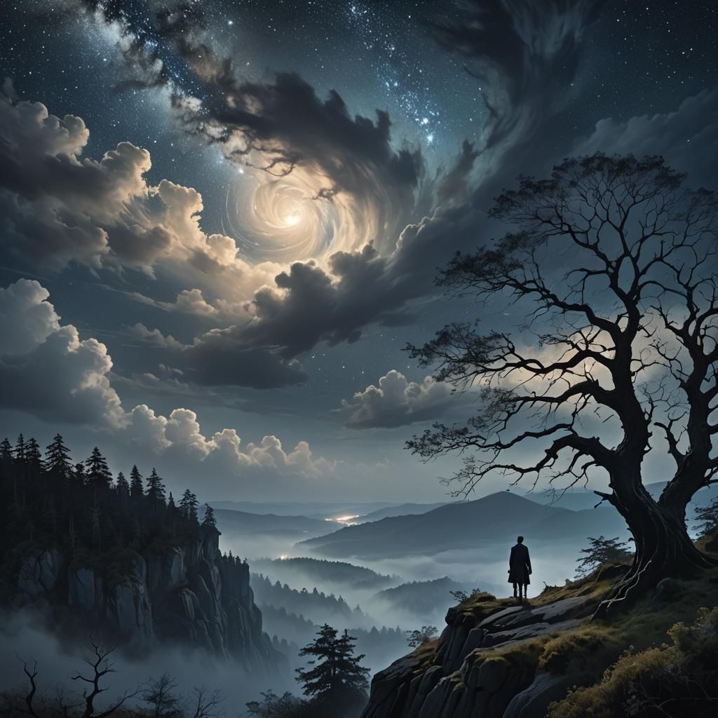 Gothic Romanticism: Figure Gazing at Starry Night