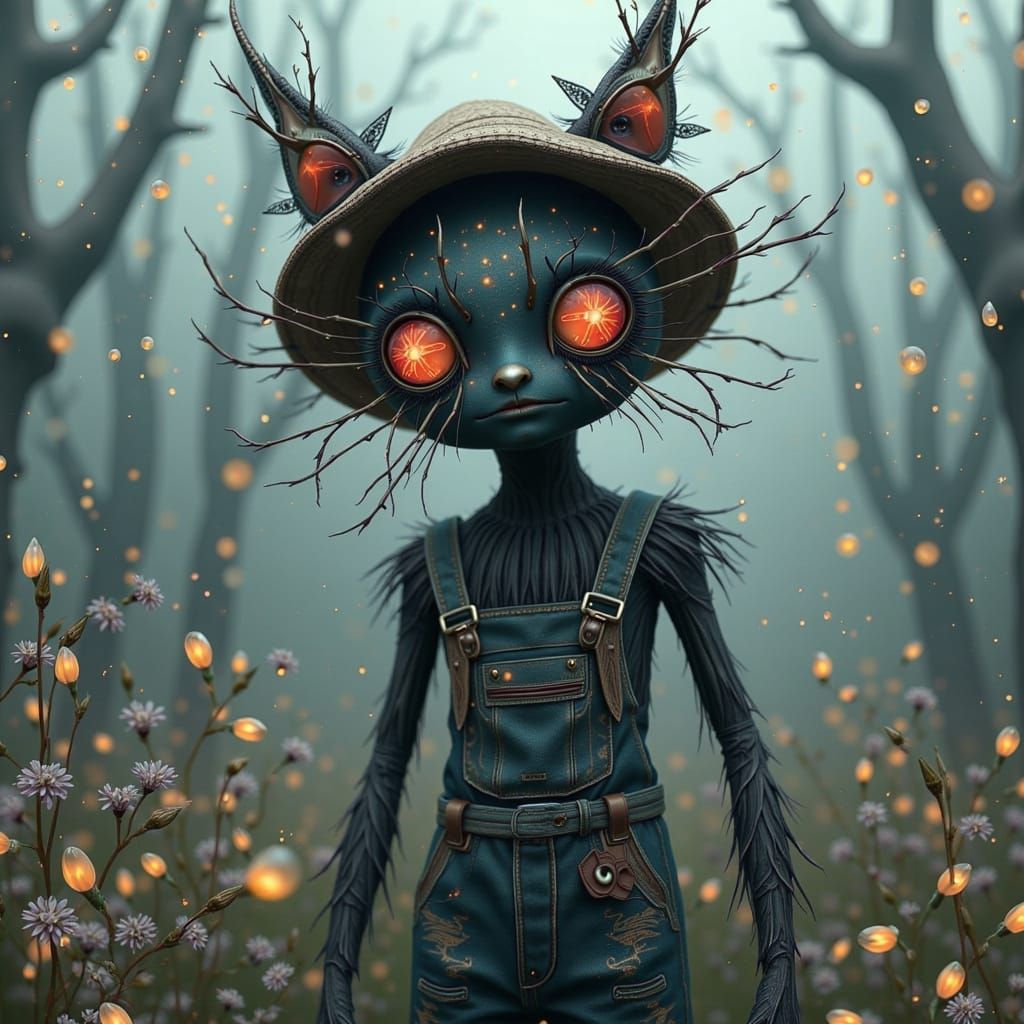Ethereal Scarecrow with Bioluminescent Cat Painting