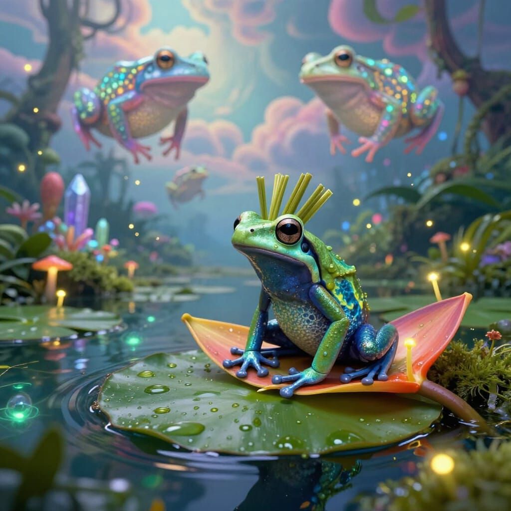 Regal Poison Dart Frog on Lily Pad in Enchanted Jungle