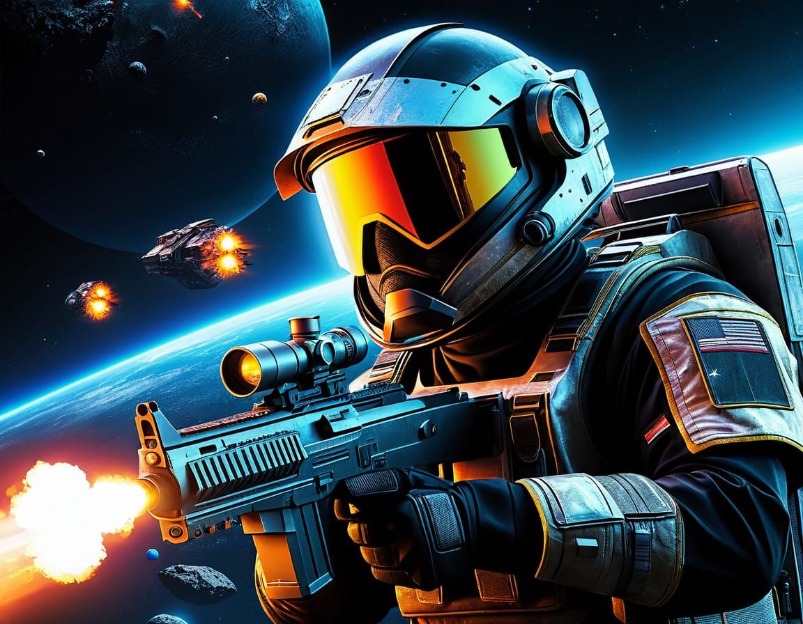 Sci-Fi Bounty Hunter in Asteroid Space Battle