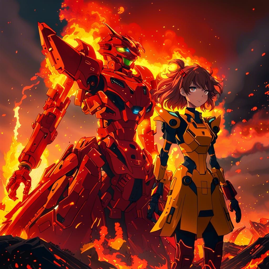 Asuka and Red Mecha in Burning Landscape