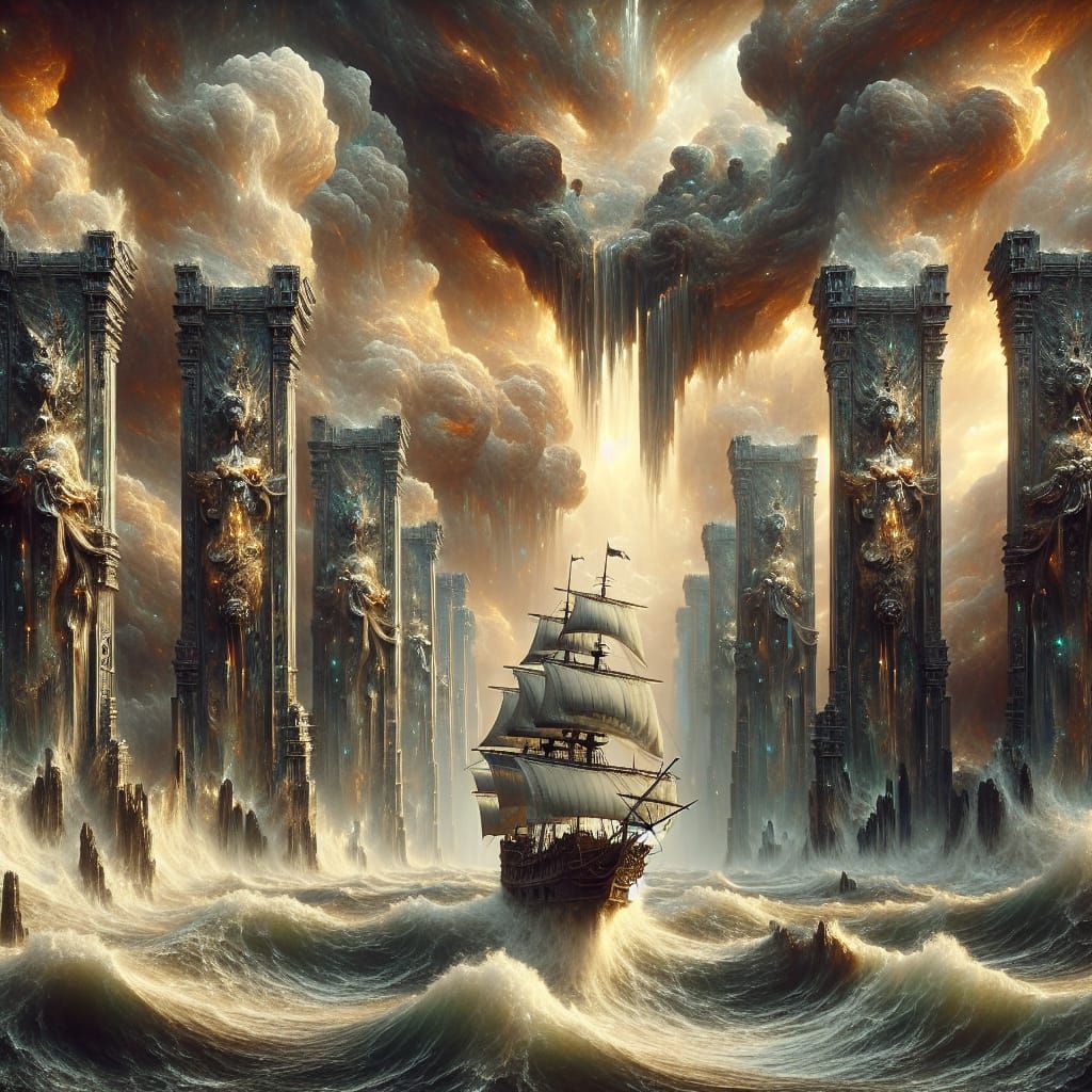 A bokeh 32k resolution hyperrealistic exquisitely ultradetailed image of the old style pirate ship is dwarfed passing th...