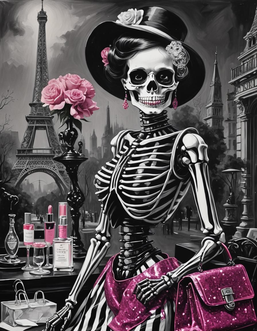 Glamorous Skeleton in French Fashion with Eiffel Tower