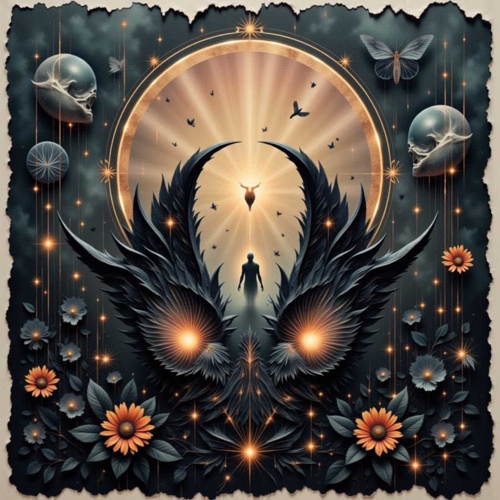 Surreal Celestial Mask with Geometric Background