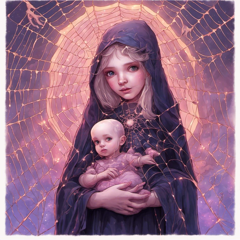 Pregnant Witch with Baby and Spiders