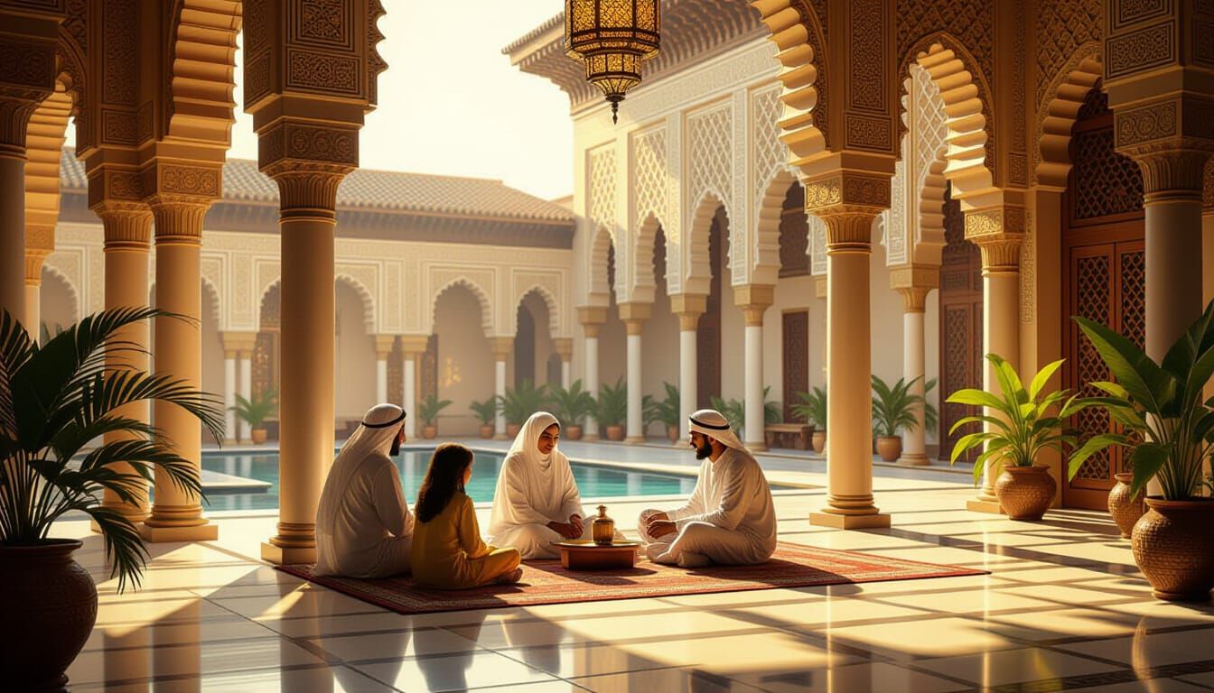 Golden Hour Family Gathering in Islamic Courtyard