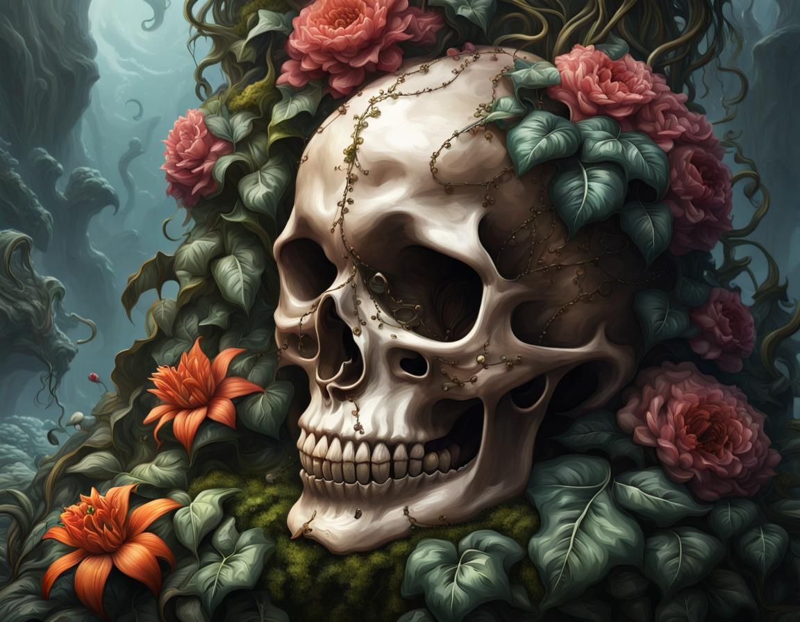 Glossy Skull with Kraken and Floral Elements