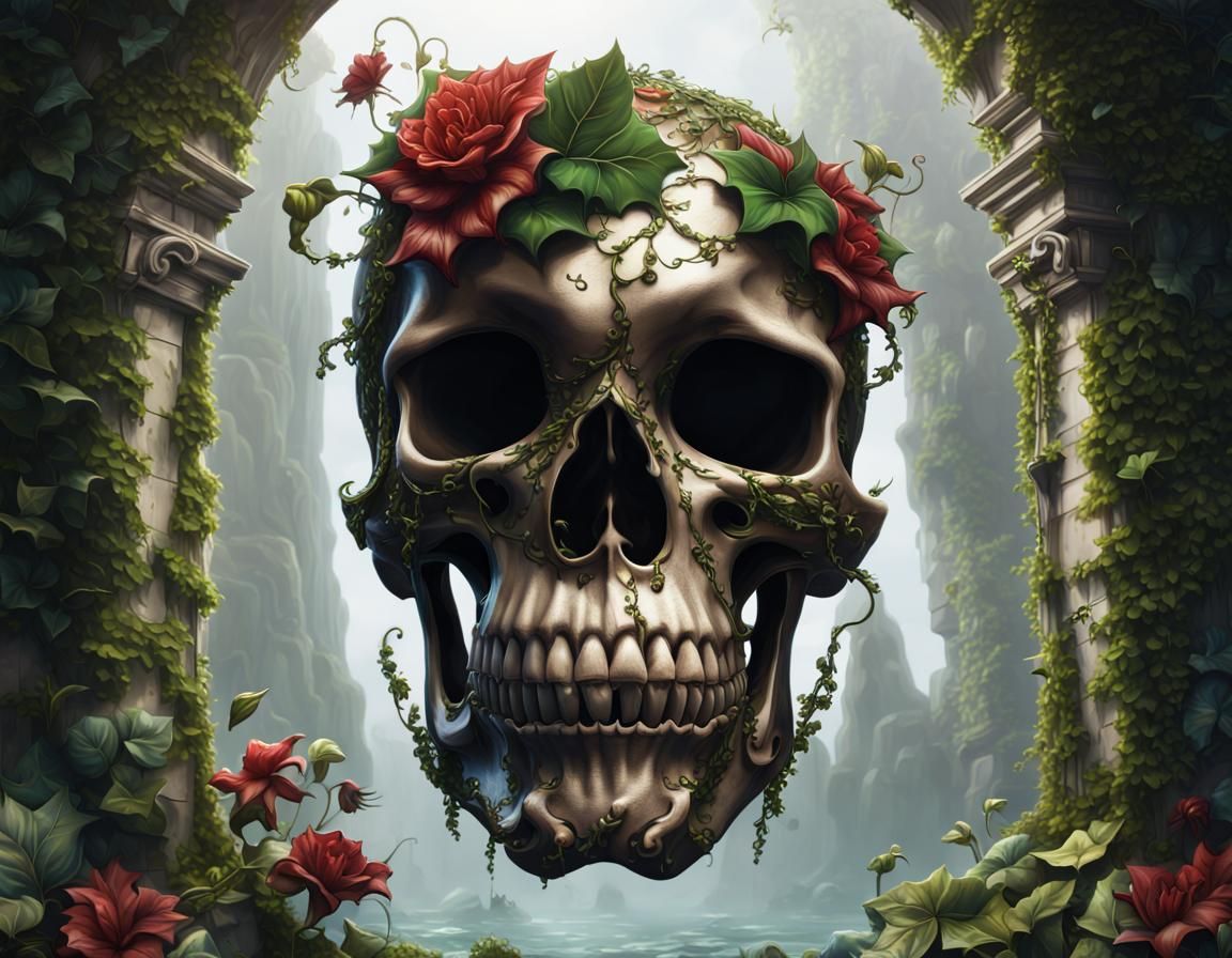 Kraken and Flower Skull: Detailed Digital Painting