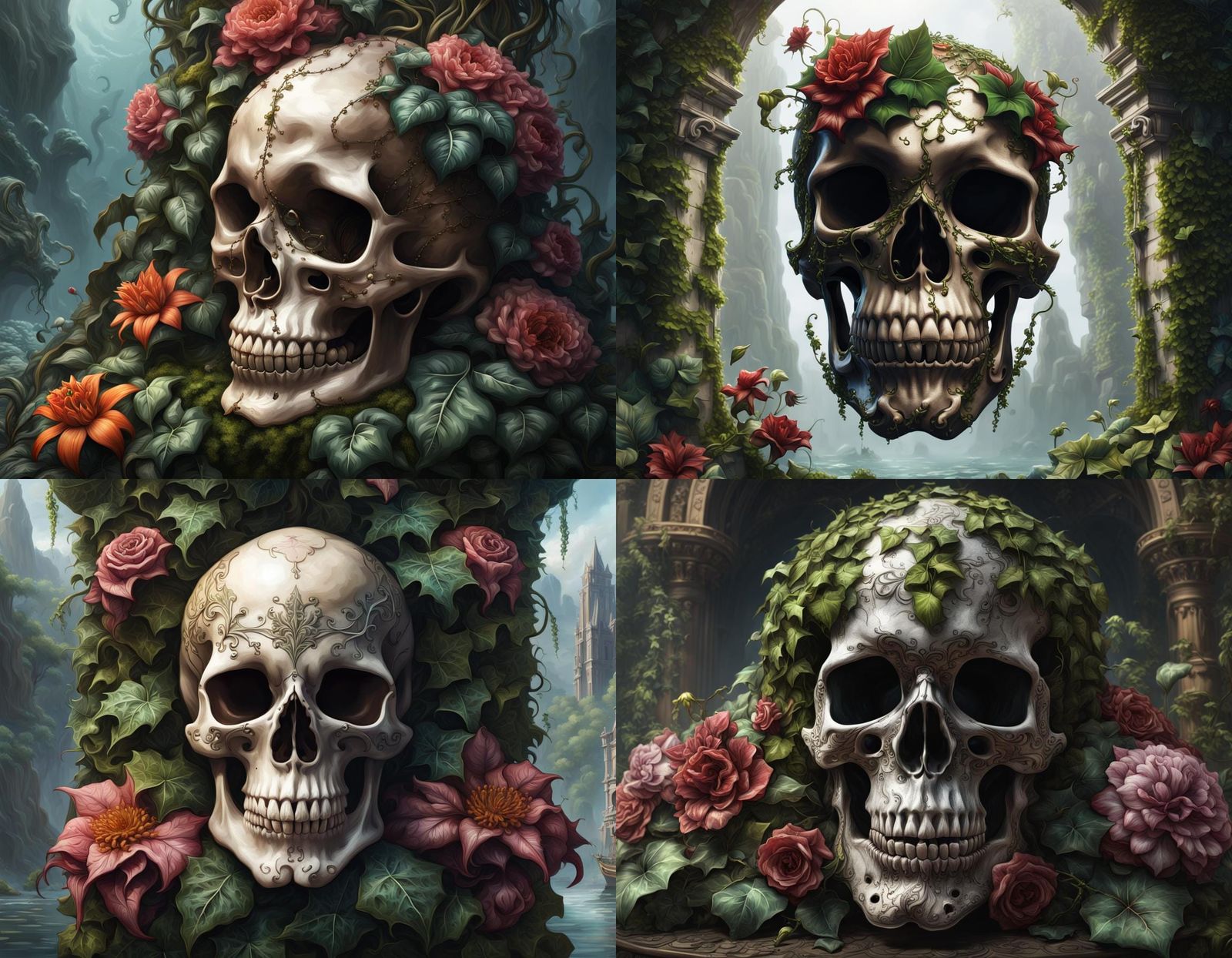 Glossy Skull with Kraken, Flowers, and Ivy