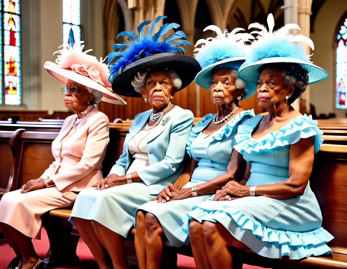 Elderly Women in Church Hats: An Oil Painting