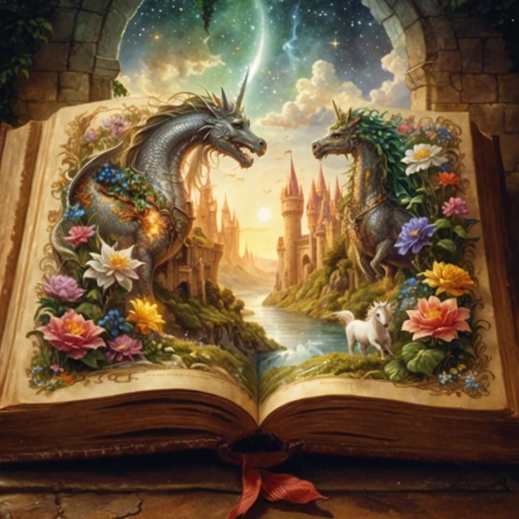 Fantasy Book Portal to Dragon and Unicorn World