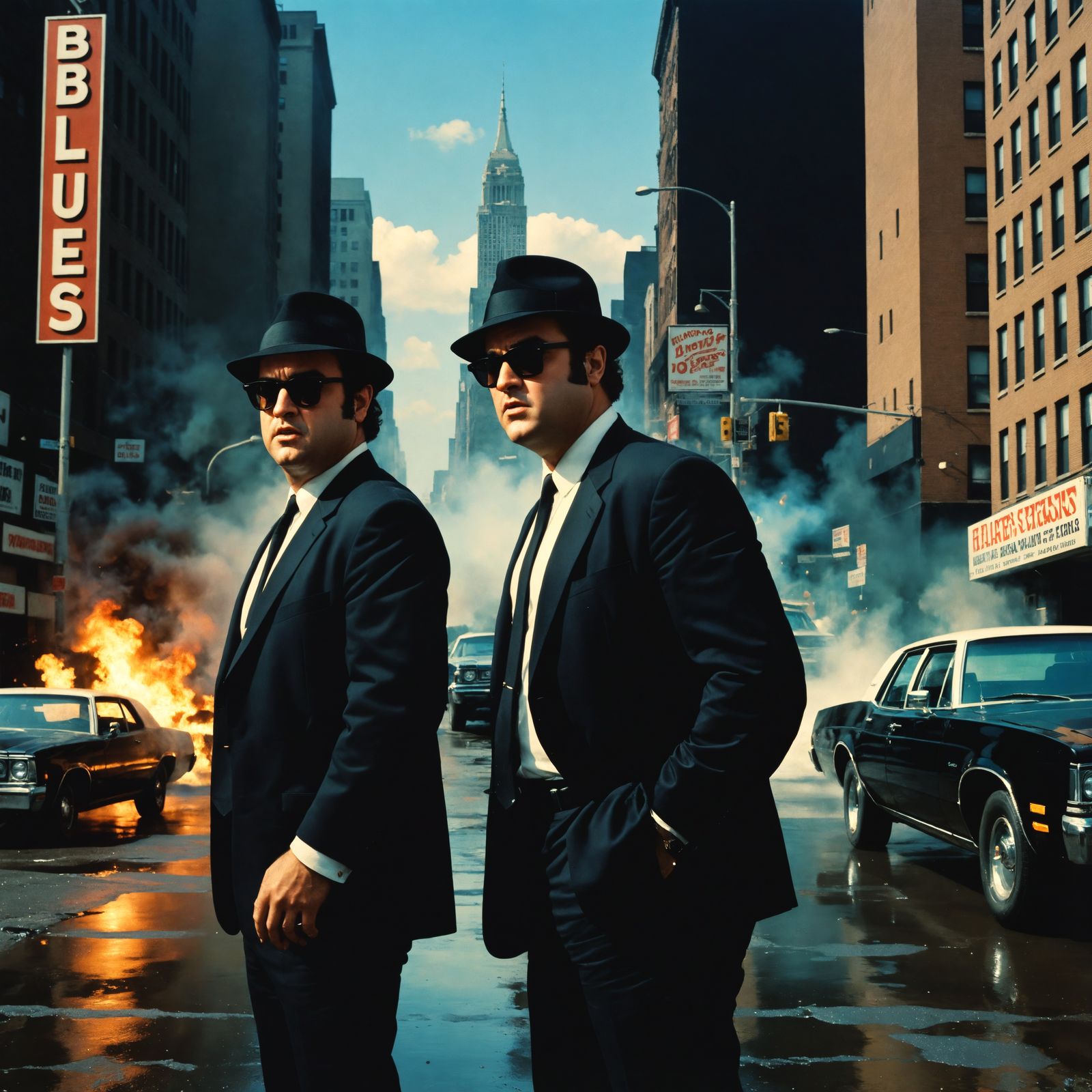 Hyperrealistic Blues Brothers in Cinematic Style