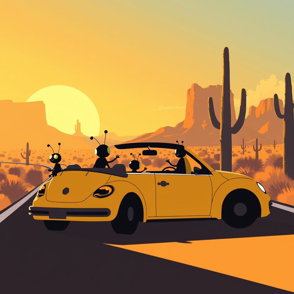 Bugs Family Cruises Arizona Desert Highway in Anime Style