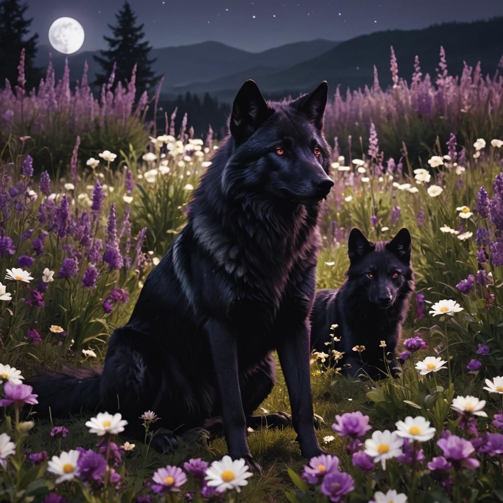 Eerie Moonlight Wolves in a Flower Field