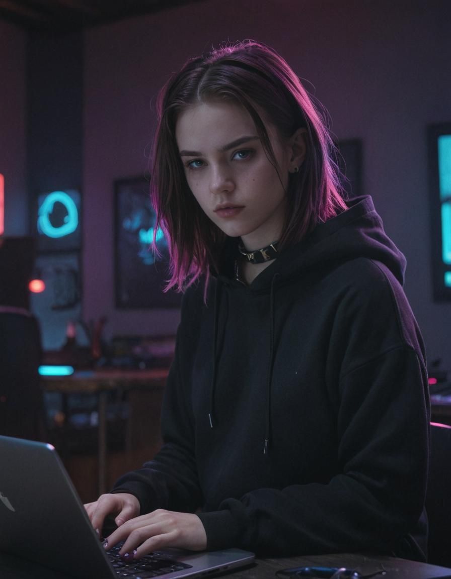 Teenager with Laptop in Neonpunk Film Still