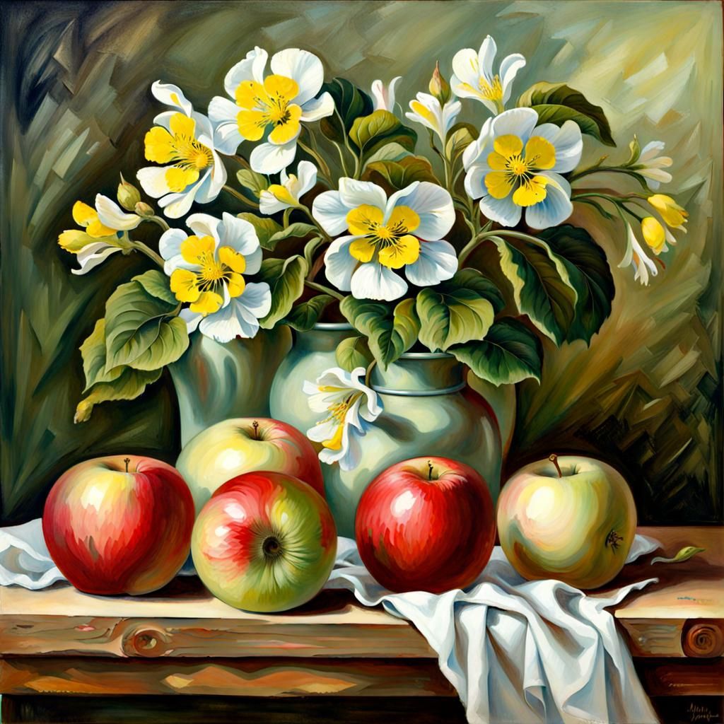 Still Life of Apples and Primrose Flowers