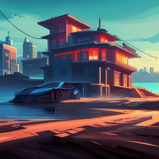 Blue Cyberpunk Cityscape with Neon Lights