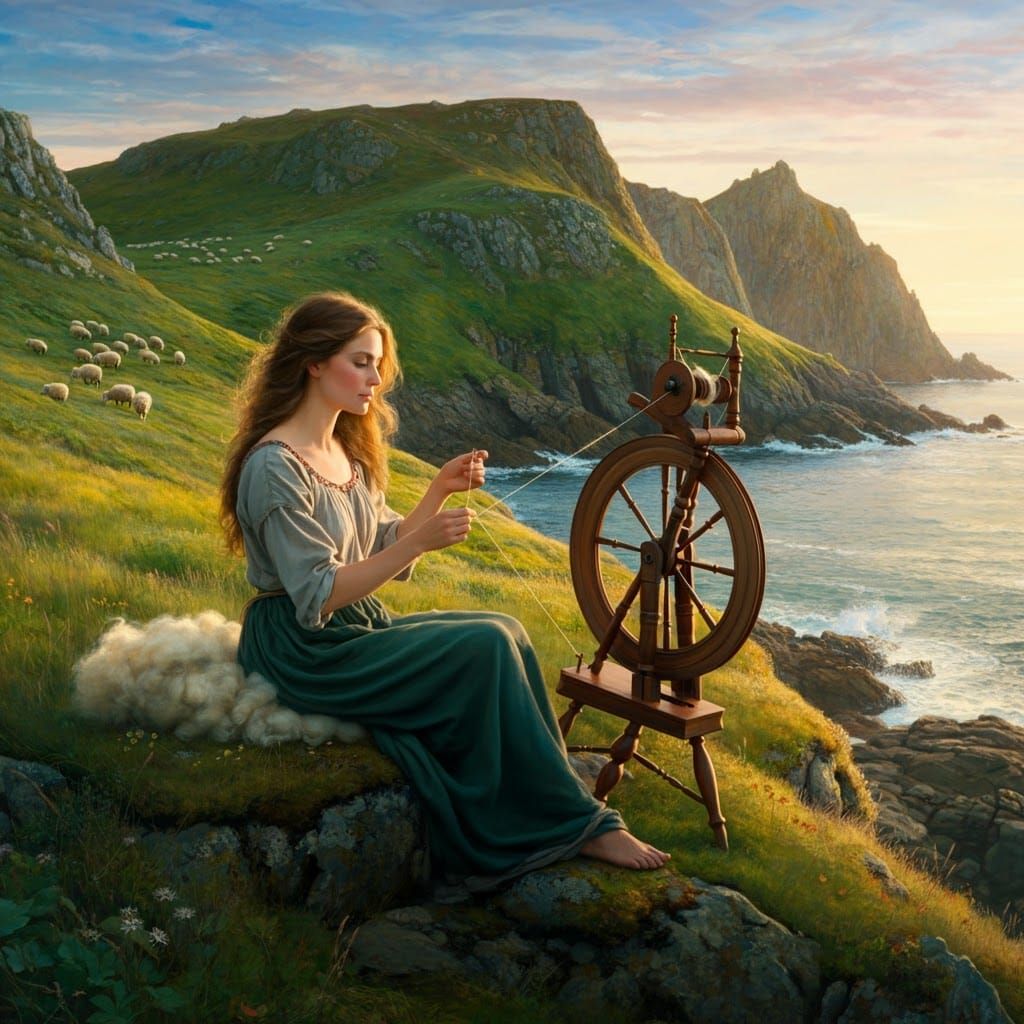 Woman Spinning Wool on Sea Coast with Sheep, Detailed Art