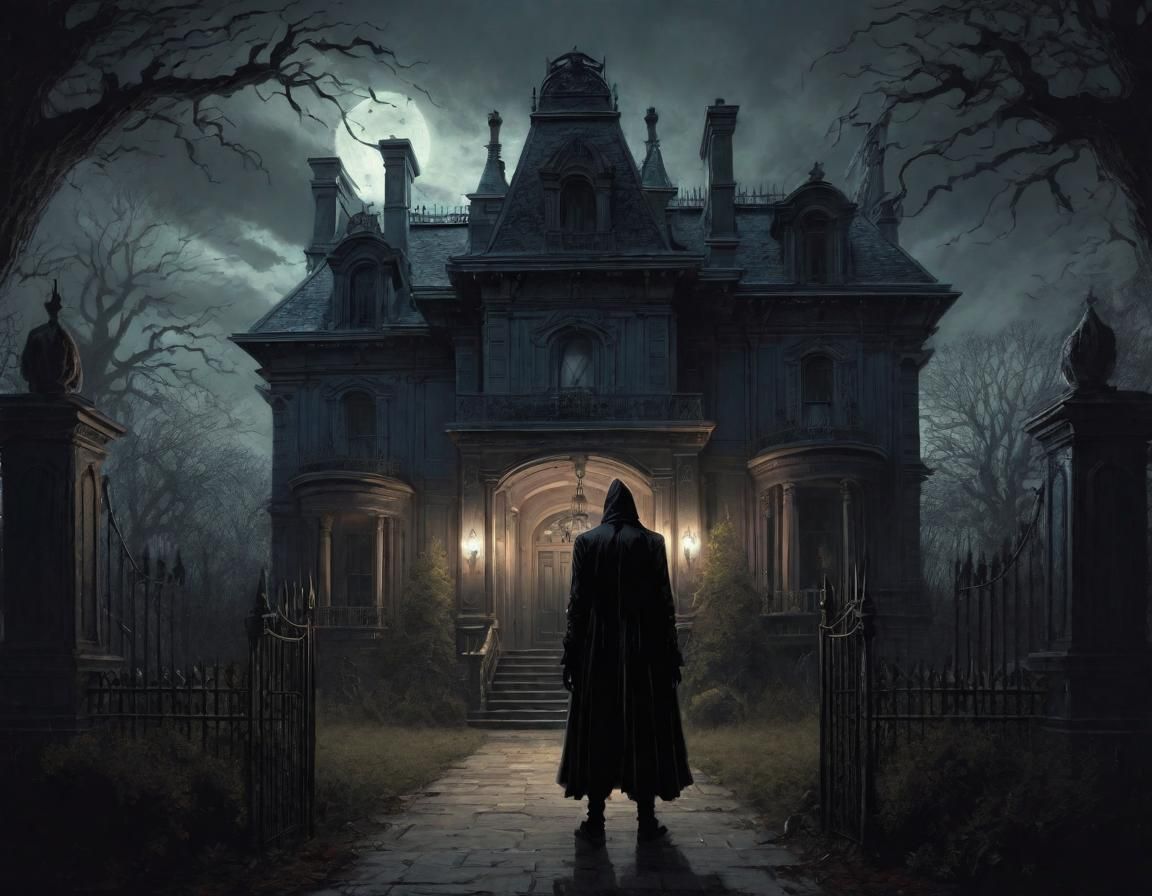 A stranger standing outside a mansion, scary, horror, Eldritch, goth, dark, Nightcore sinister by Greg Rutkowskihorror ...