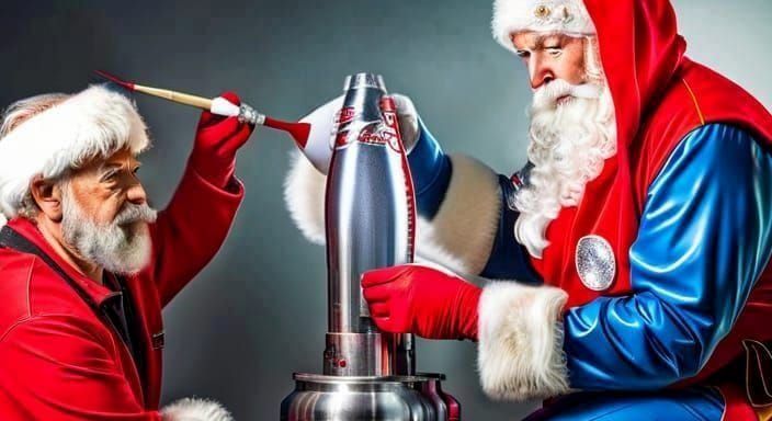 Santa Claus Paints a Rocket in Vintage Style
