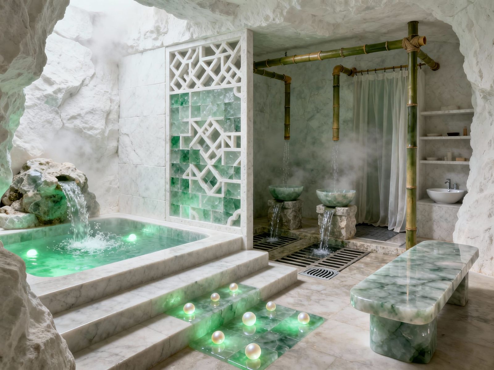 Serene White Stone Room with Soaking Pool and Waterfalls