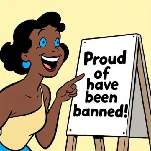 Cartoon African Lady Points to "Banned!" Sign in Ligne Clair...