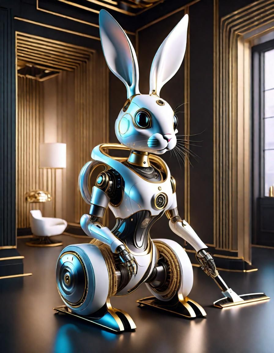 Elegant Robot Rabbit Vacuuming in Cyberpunk Style