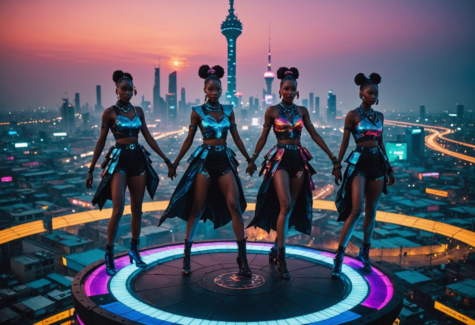 Cyberpunk Dance Scene on Lagos Communications Tower