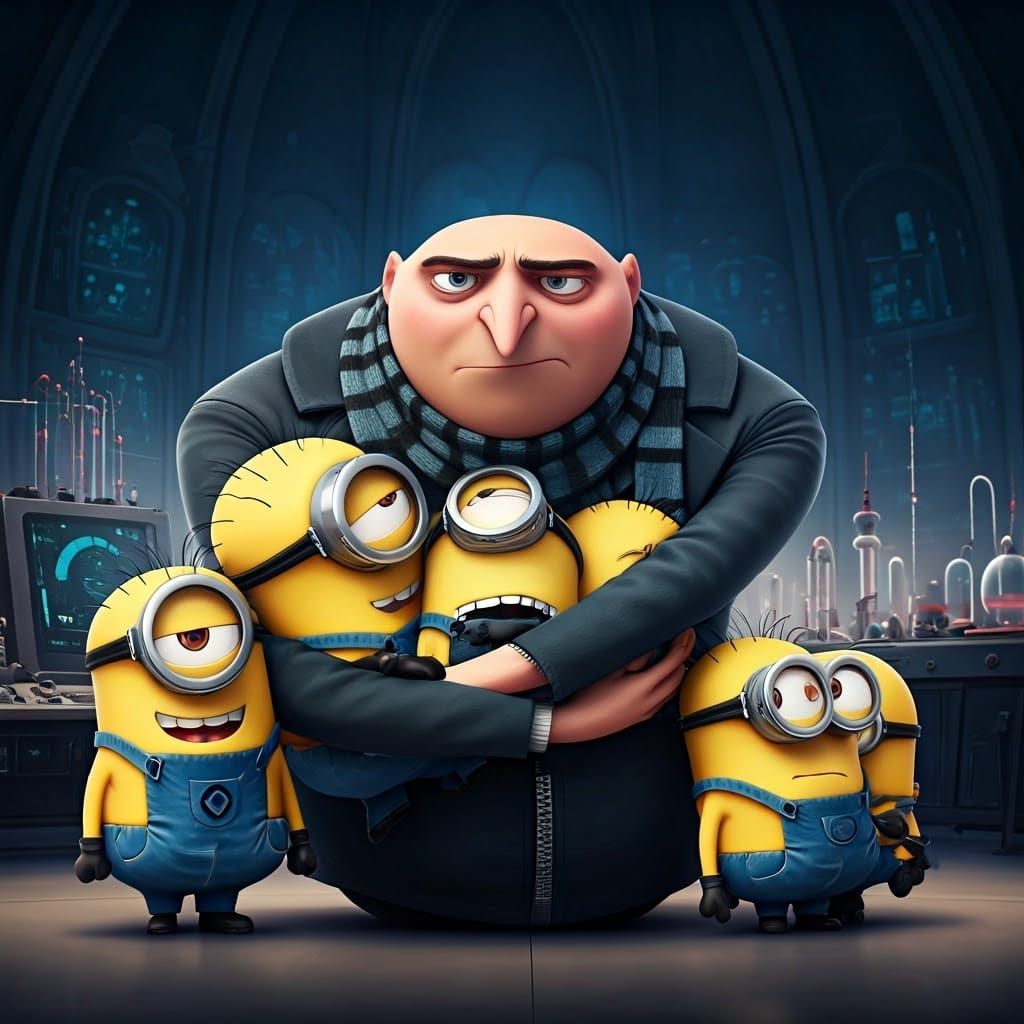 Gru Embraced by Lovable Minions in a Whimsical 3D Anime Scen...